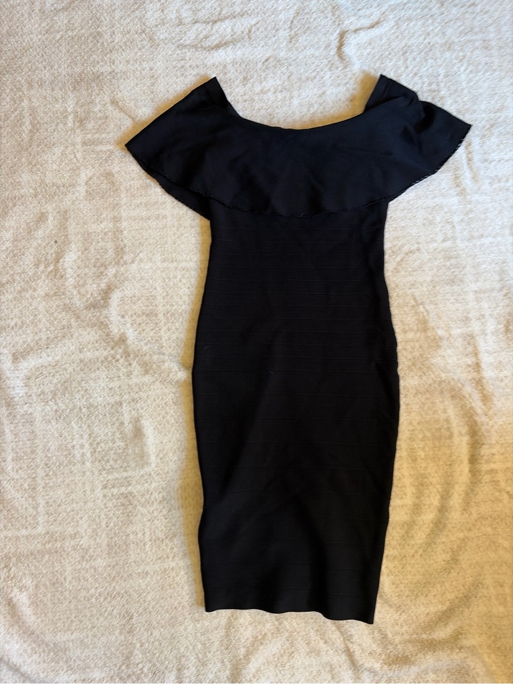 Marciano Los Angeles Off Shoulder Bandage Dress | Black Ruffle Bodycon XS/S